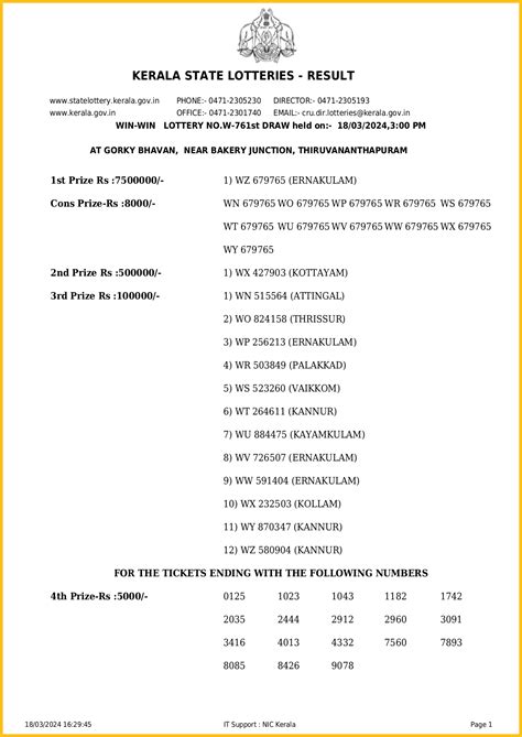 kerala lottery result w761|Kerala Lottery Results 18.03.2024 Win Win (W.